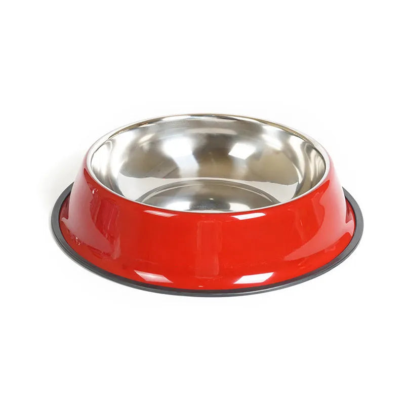 Stainless steel and colourful melamine pet bowl with a non-slip rubber base.