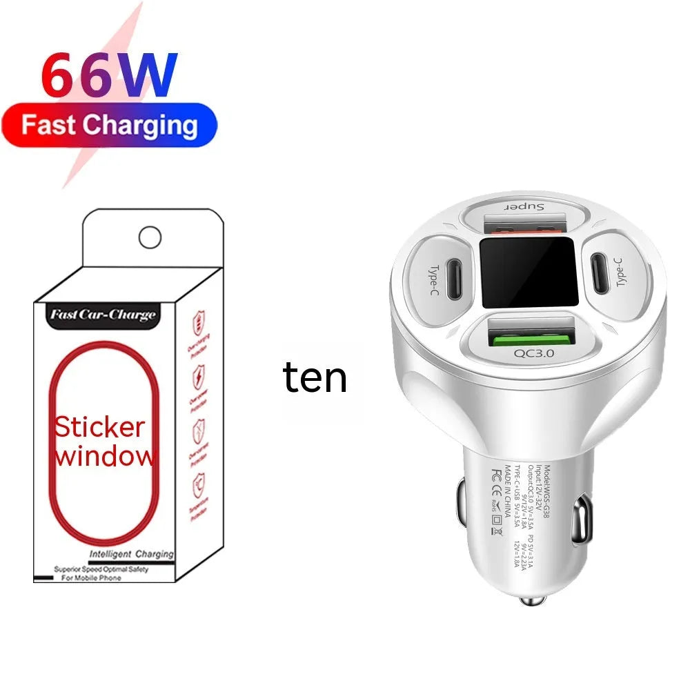 66W car charger with digital display, two USB ports, and two Type-C ports on a black plastic body.
