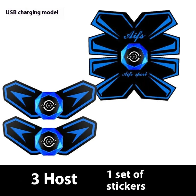Eight abdominal massage patches for waist reduction in black and blue colours with PU leather, silicone and ABS construction