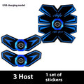 Eight abdominal massage patches for waist reduction in black and blue colours with PU leather, silicone and ABS construction