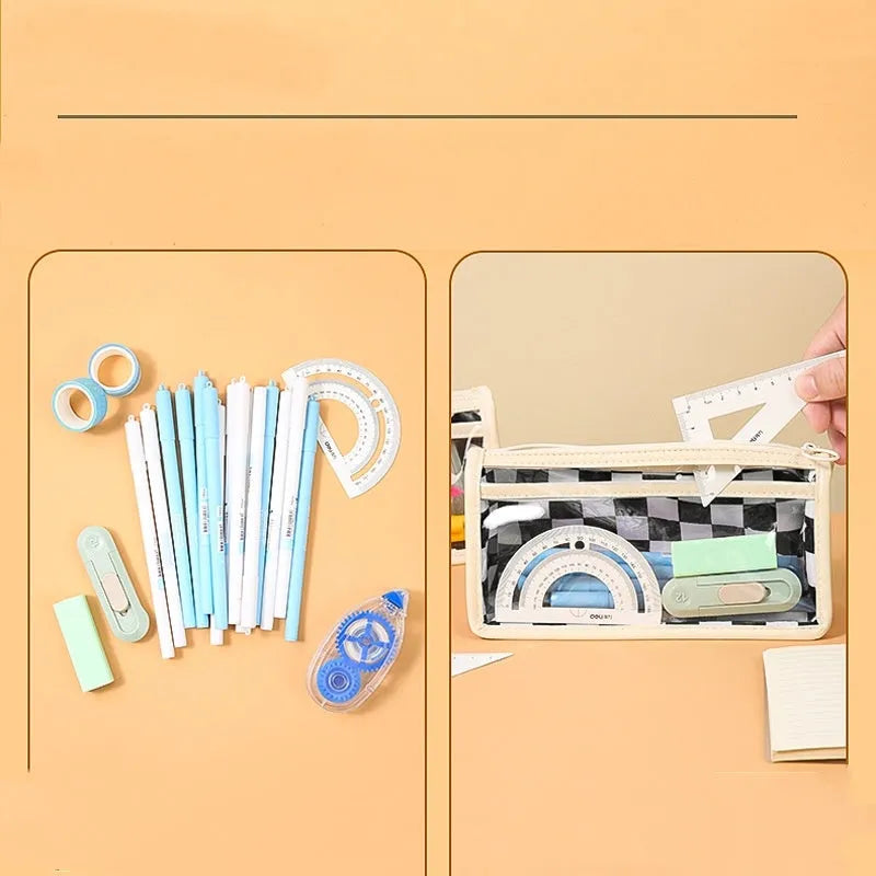 Large transparent PVC pencil case with a chessboard pattern, showing pens inside.