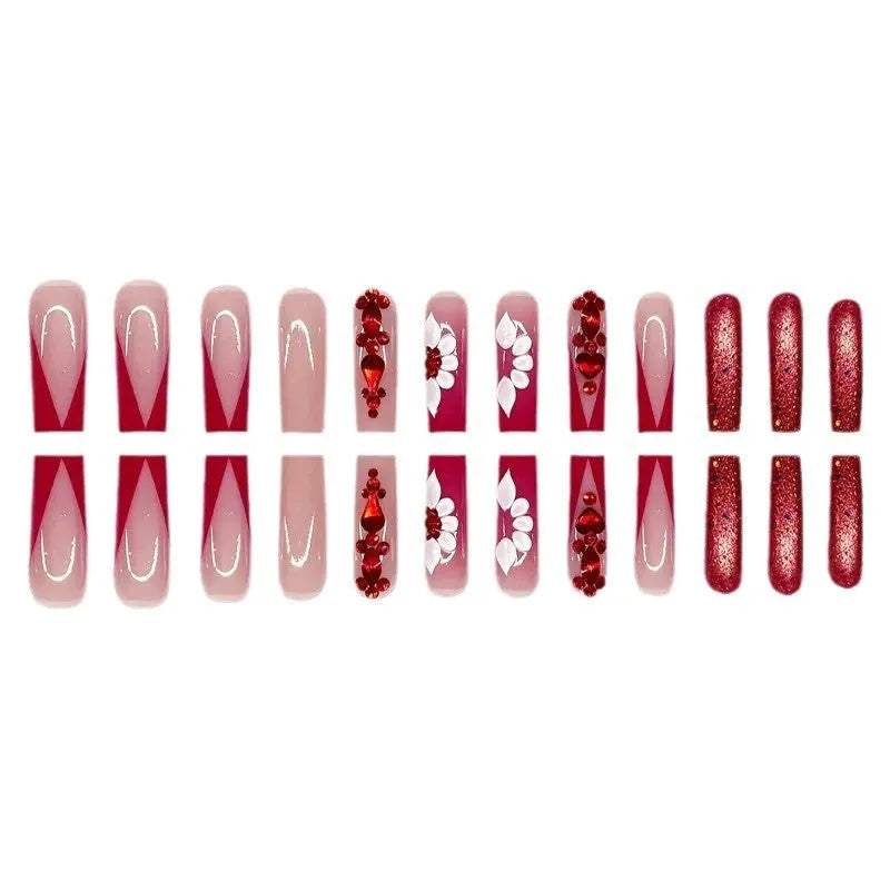 Sweet floral pattern removable artificial nails with prismatic red diamond accents in European square long shape