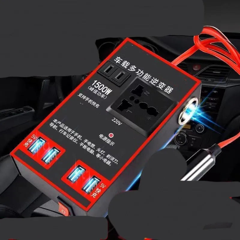 Black automotive power converter converting 12V/24V vehicle battery to 220V mains electricity with sockets and USB ports