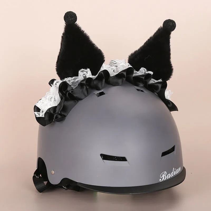 A plush fabric cartoon character helmet hat cover with attached ears on a white background.