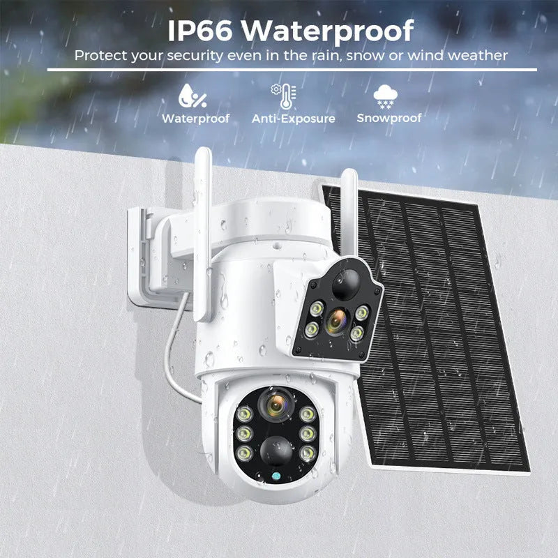 White outdoor solar security camera with solar panel on wall mounting