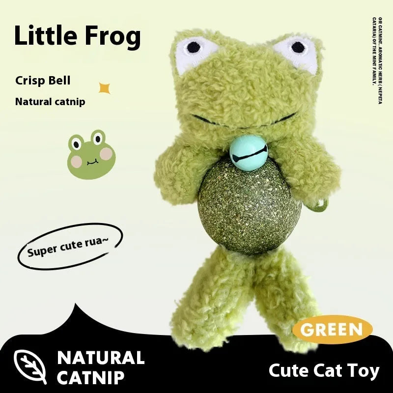 Plush cat toy with animal character and central mint ball containing catnip, featuring integrated bell for auditory stimulation during play