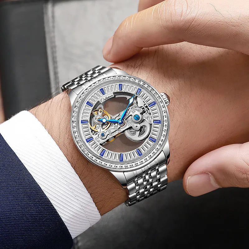 Men's mechanical watch with exhibition case back, onion crown, on a stainless steel or leather strap