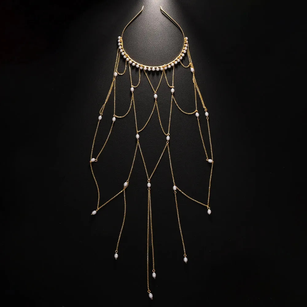 Gold or silver mesh tassel hair chain with pearl elements for women