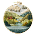 Landscape embroidery DIY kit with cotton linen fabric, 15cm imitation bamboo frame, and embroidery tools