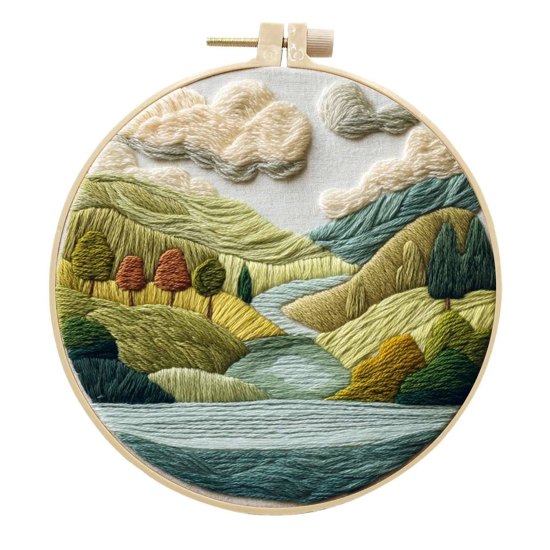 Landscape embroidery DIY kit with cotton linen fabric, 15cm imitation bamboo frame, and embroidery tools