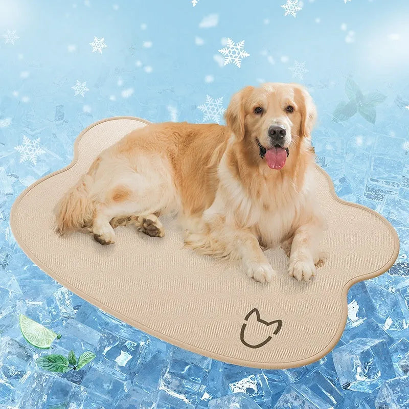Ice Silk cooling mat for dogs in light grey with a dog head pattern, showing non-slip base.