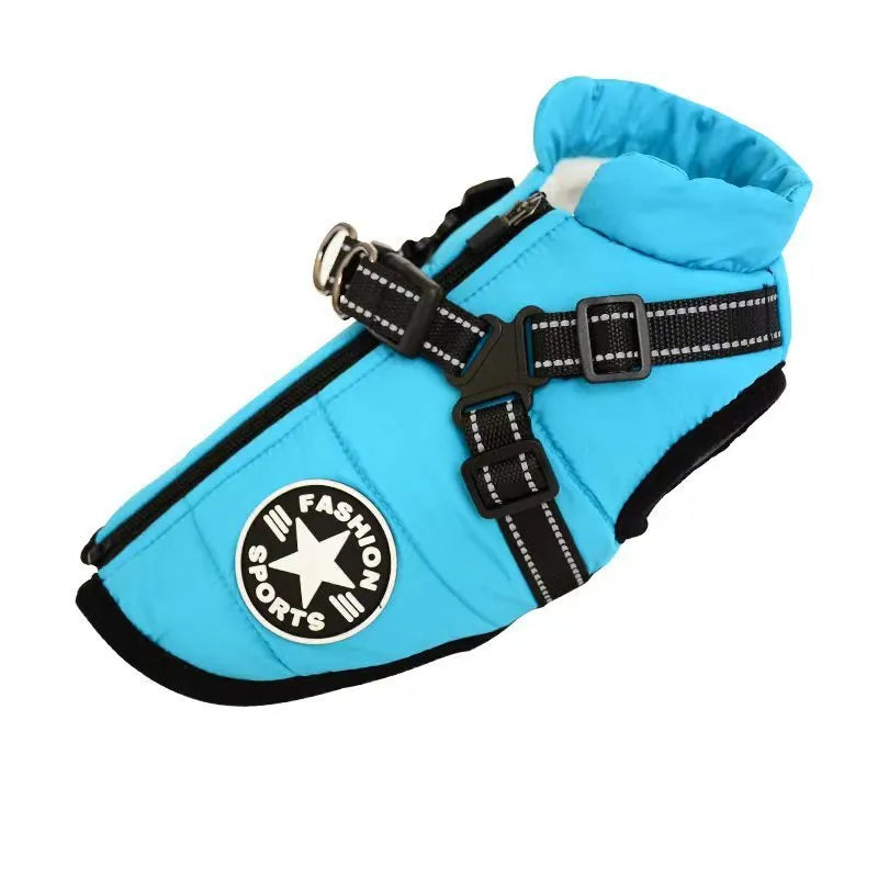 Waterproof dog coat with integrated harness in rain silk fabric available in red, navy blue, and army green colours