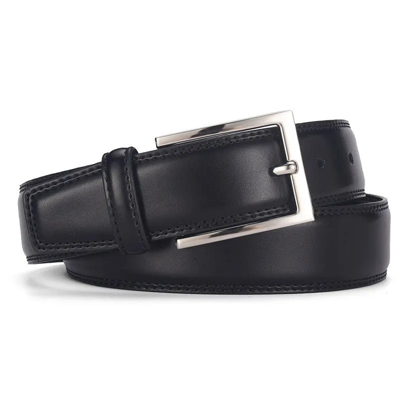 Men's genuine leather belt with alloy pin buckle in classic black showing length measurement and two-layer cowhide construction