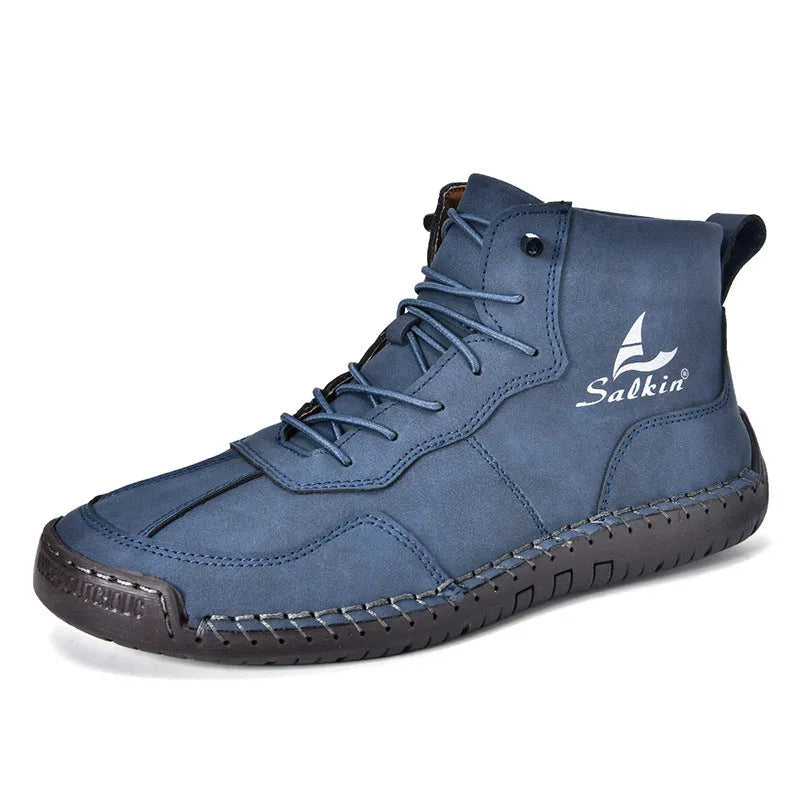 Men's high-top casual boots with elastic band closure and round toe design in dark blue colour