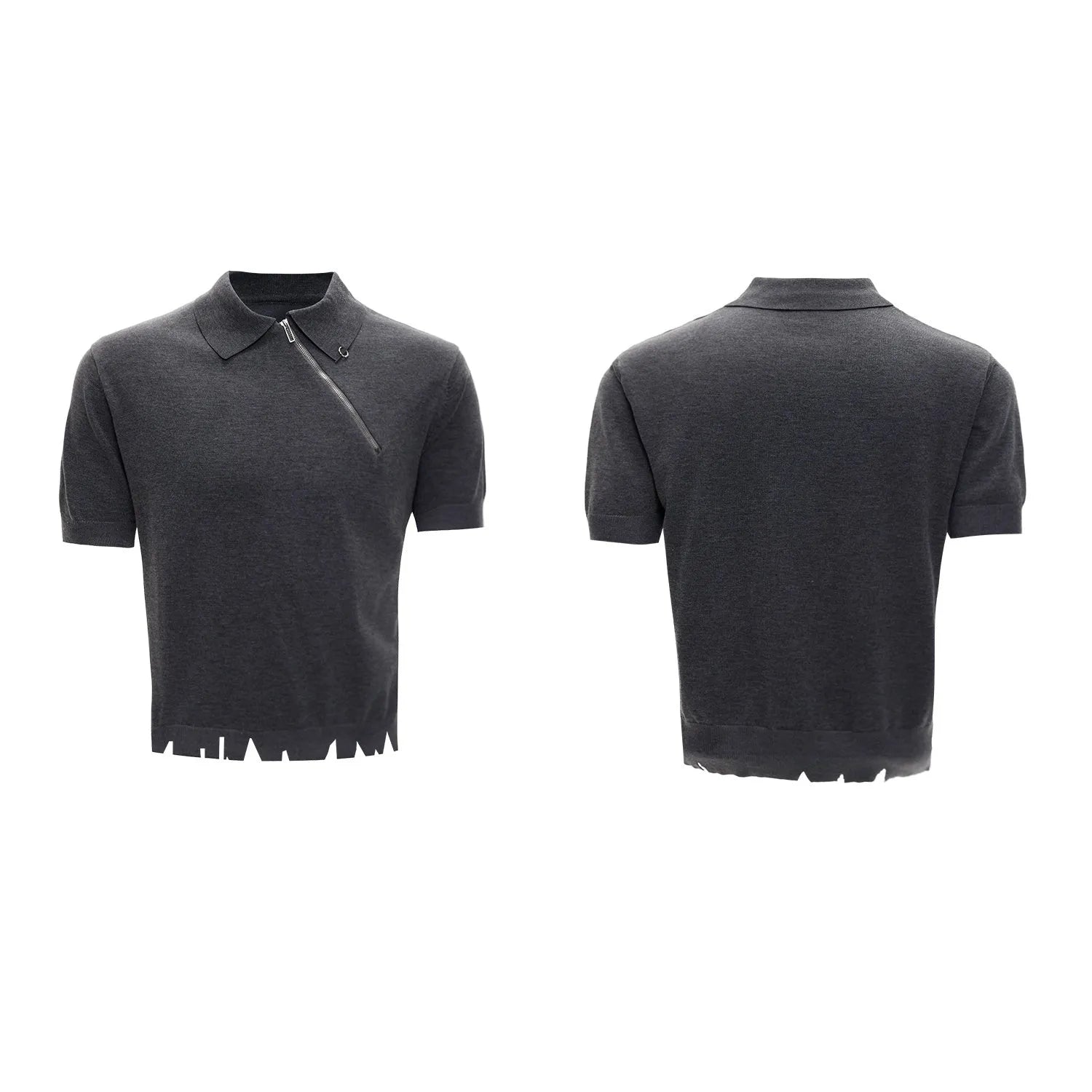 Men's slim-fit black knitted polo shirt with an oblique zipper on the lapel collar and short sleeves.