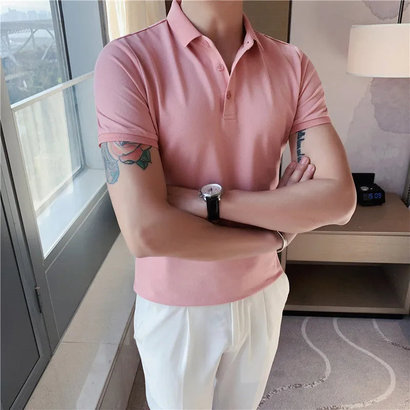 Slim-fit solid colour polo shirt with lapel collar and short sleeves on a hanger.