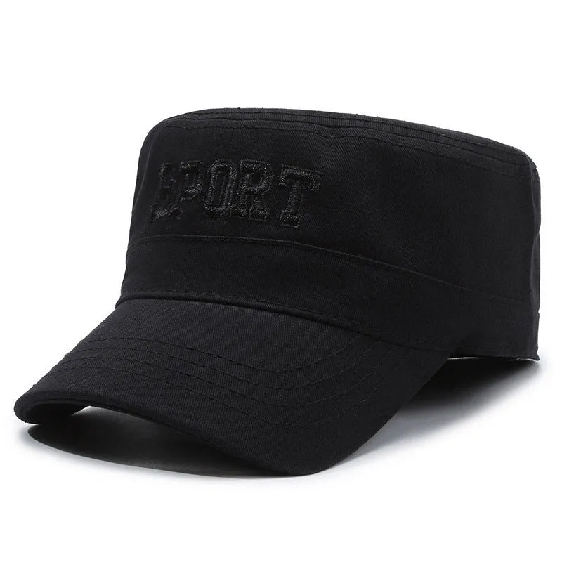 Men's adjustable cotton peaked cap in black, blue, army green, khaki or grey with dome crown and English letters
