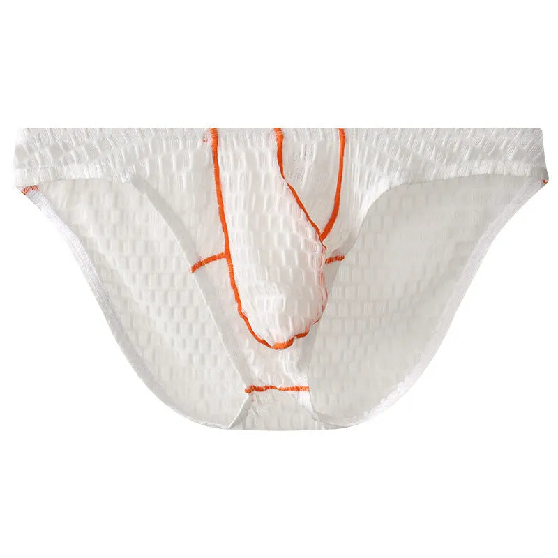 Men's ice silk lace briefs in low waist design showing solid colour options