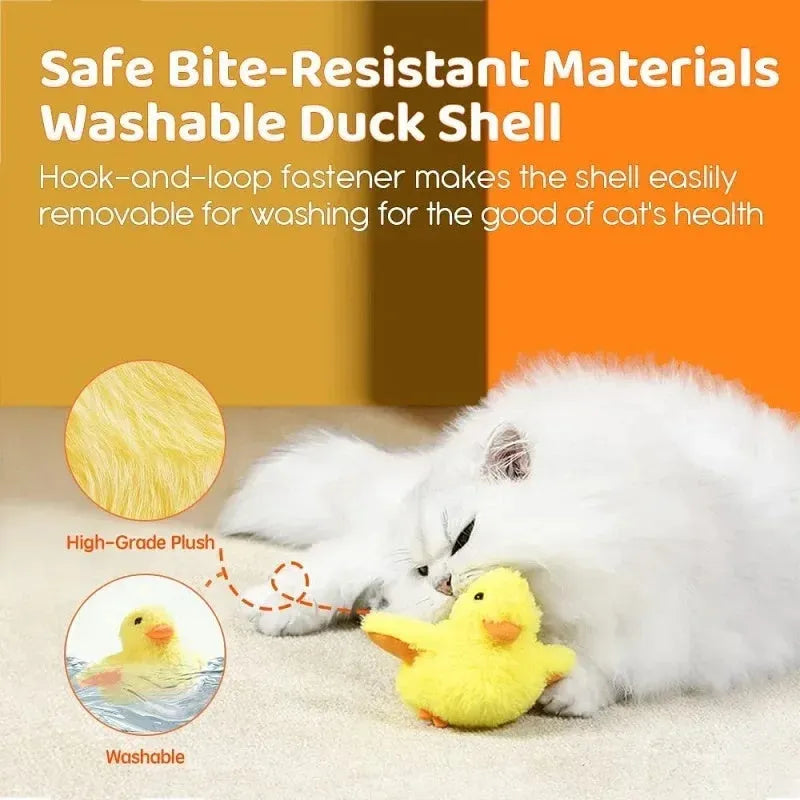 Yellow flapping duck interactive cat toy with vibration sensor and catnip on white background