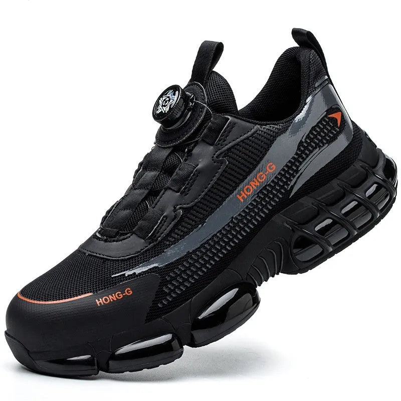 Lightweight black Flyknit work shoes with a steel toe cap and front lacing on a grey background.
