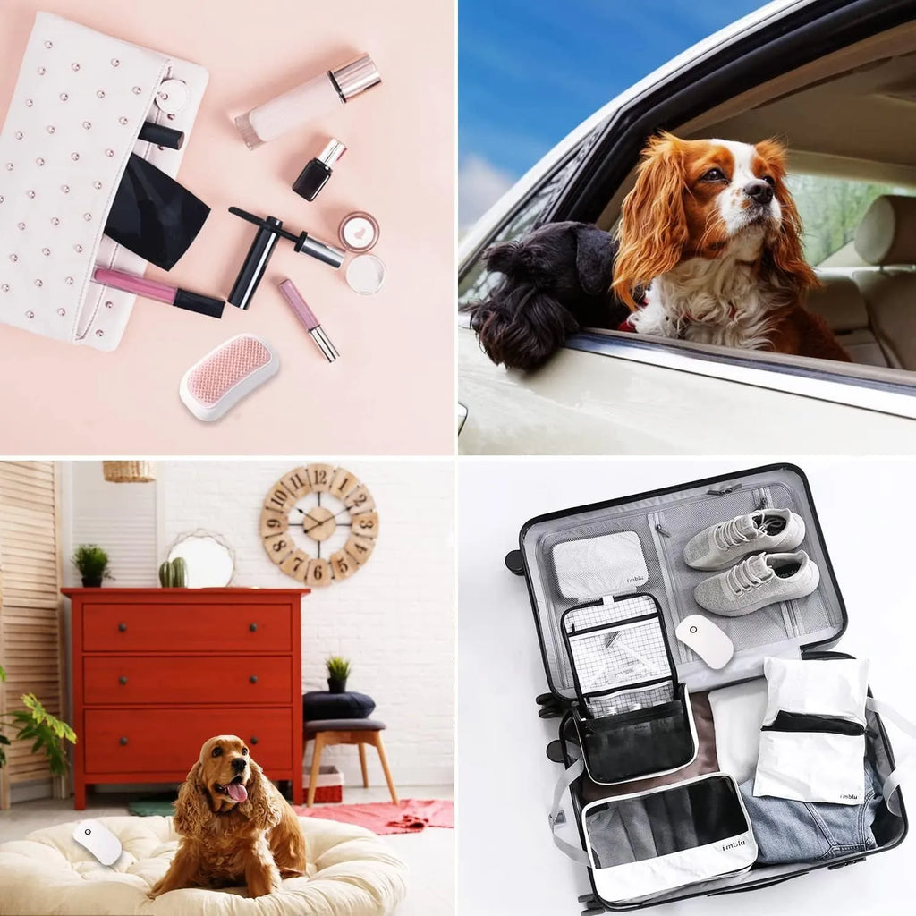 Pink handheld electric vibration pet grooming brush with soft TPE teeth on a white background.