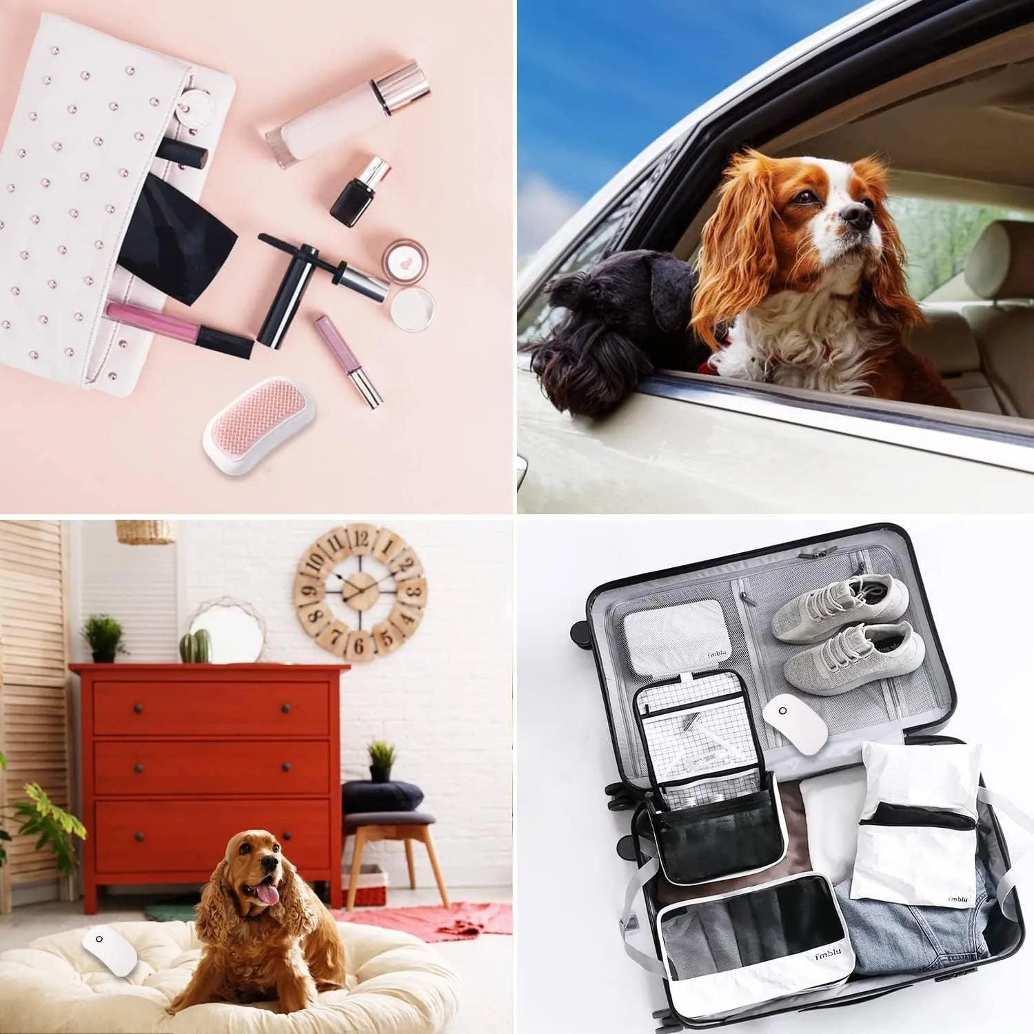 Pink handheld electric vibration pet grooming brush with soft TPE teeth on a white background.