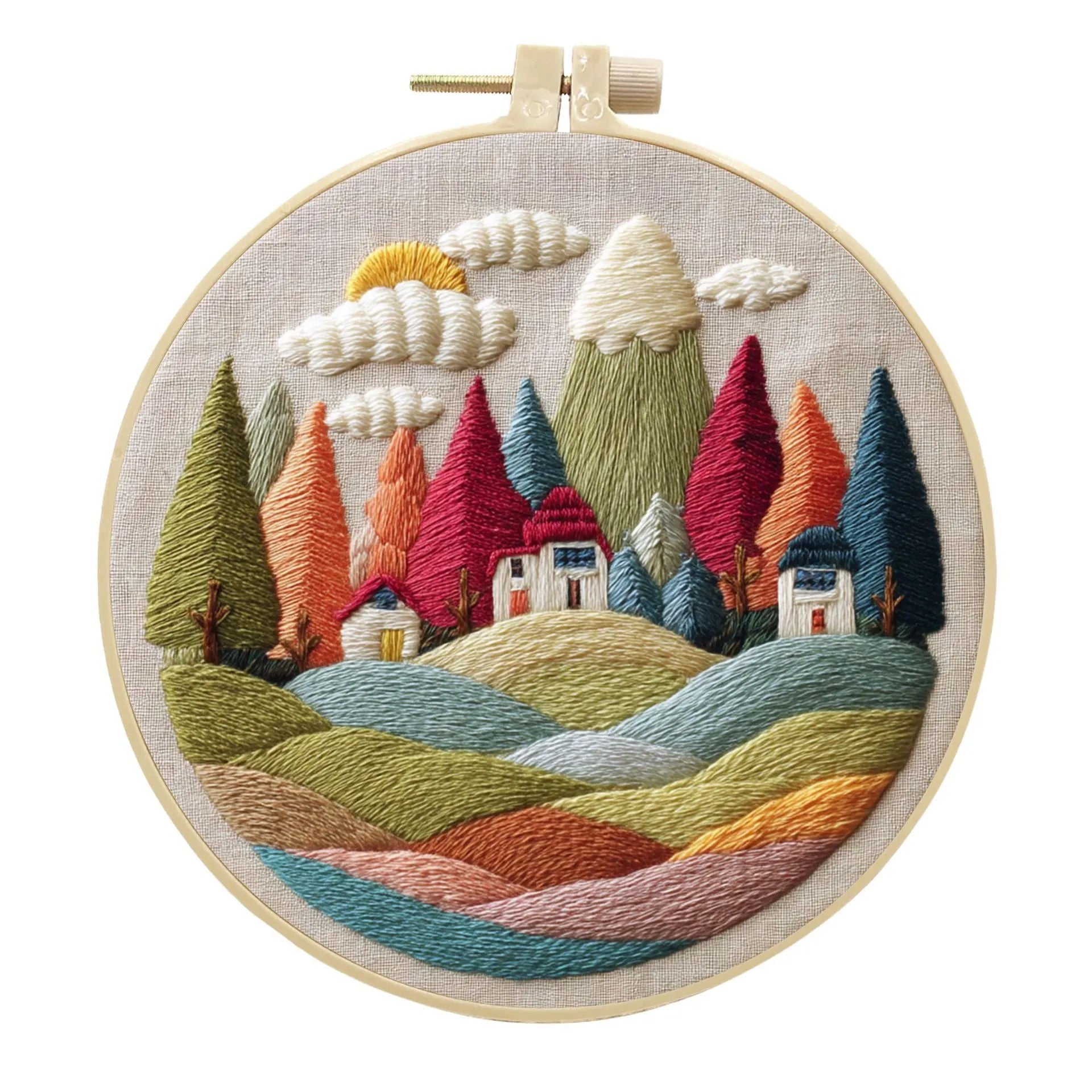 Landscape embroidery DIY kit with cotton linen fabric, 15cm imitation bamboo frame, and embroidery tools