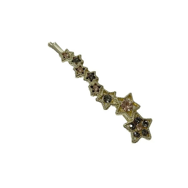 Gold alloy hair barrette with rhinestones and a star charm, shown as a side clip for bangs.