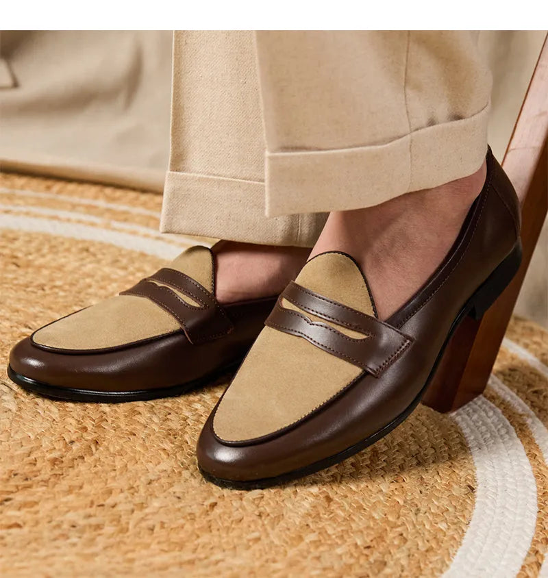 Coffee grey suede loafers with one-kick closure and rubber sole