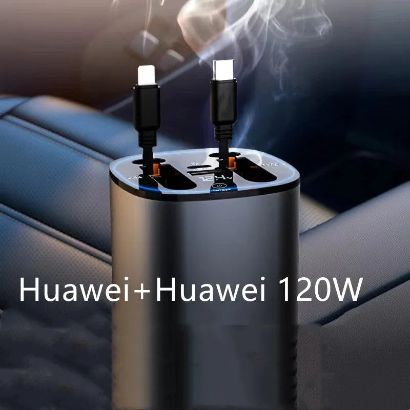 Automatic retractable car charger with cable extended, plugged into a 12V socket