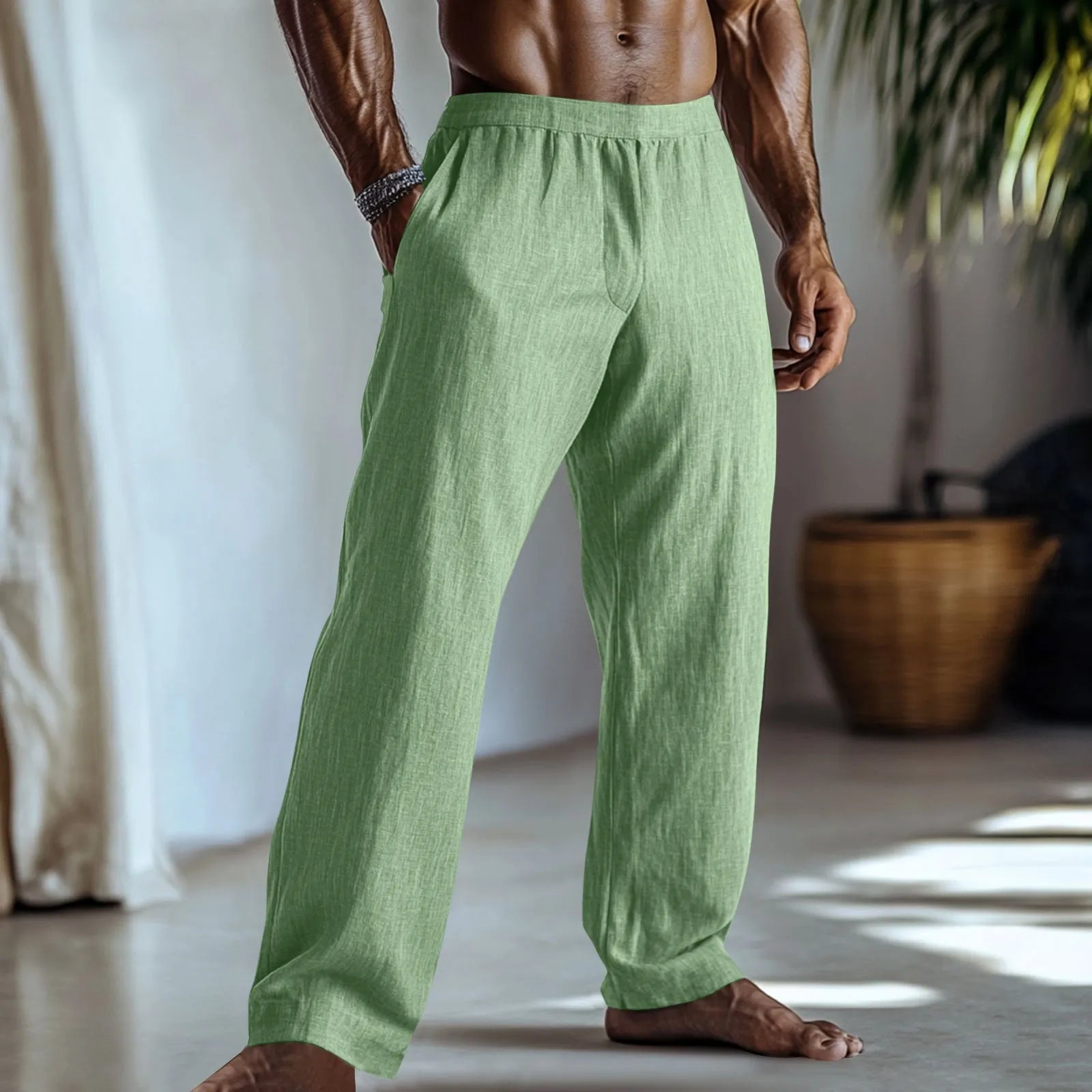 Straight-leg casual trousers in cotton and linen fabric in a solid colour with pockets.