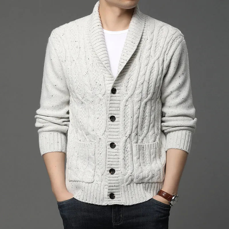Men's Korean style jacquard patterned knitted jacket in chemical fibre blend fabric