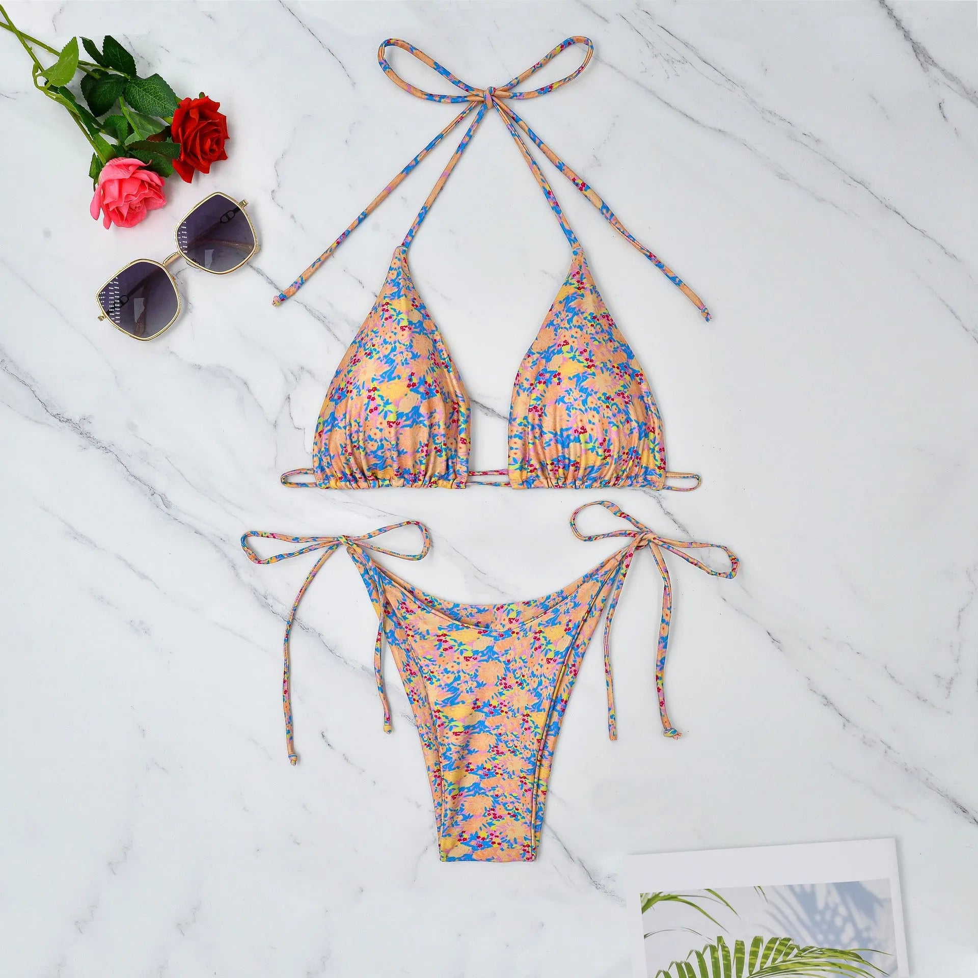 Women's lace-up bikini swimsuit with backless design and European styling for swimming sports