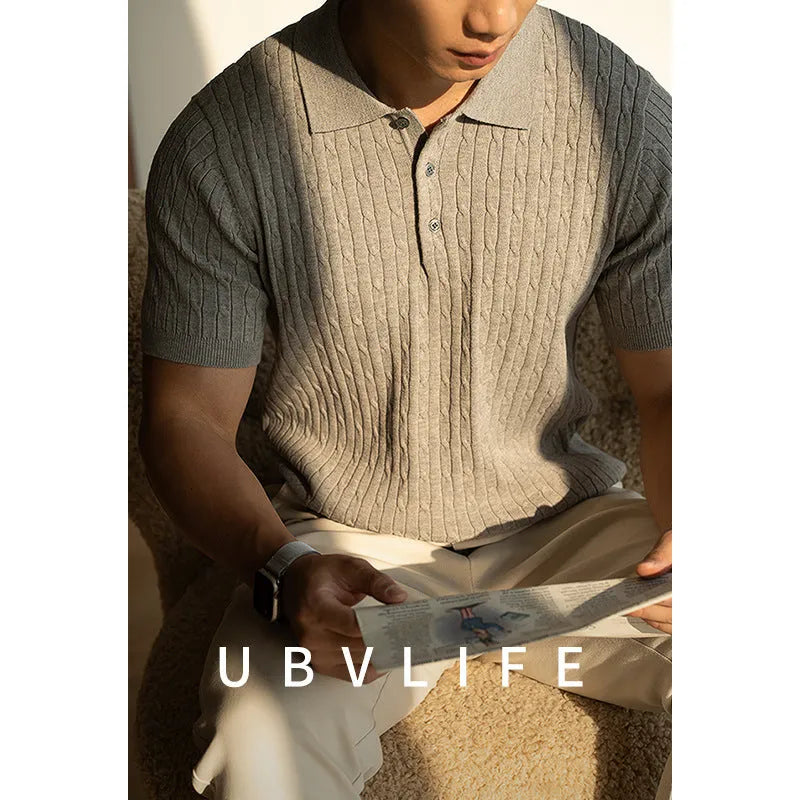 Men's short sleeve business commute top in khaki colour with four-size Asian fit options