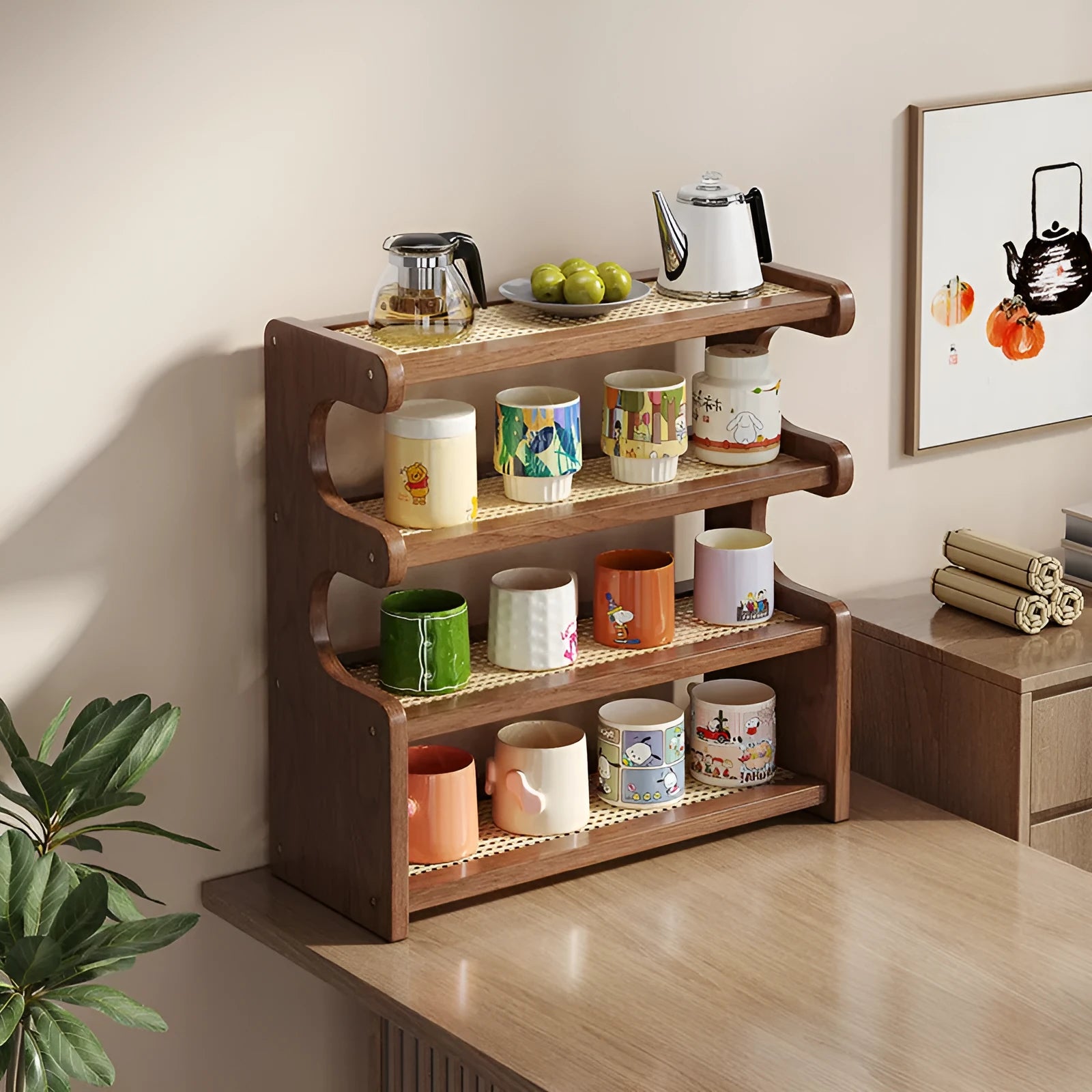Multi-functional storage rack with 4 layers in bamboo density board, 46 style, modern simplicity desktop organiser