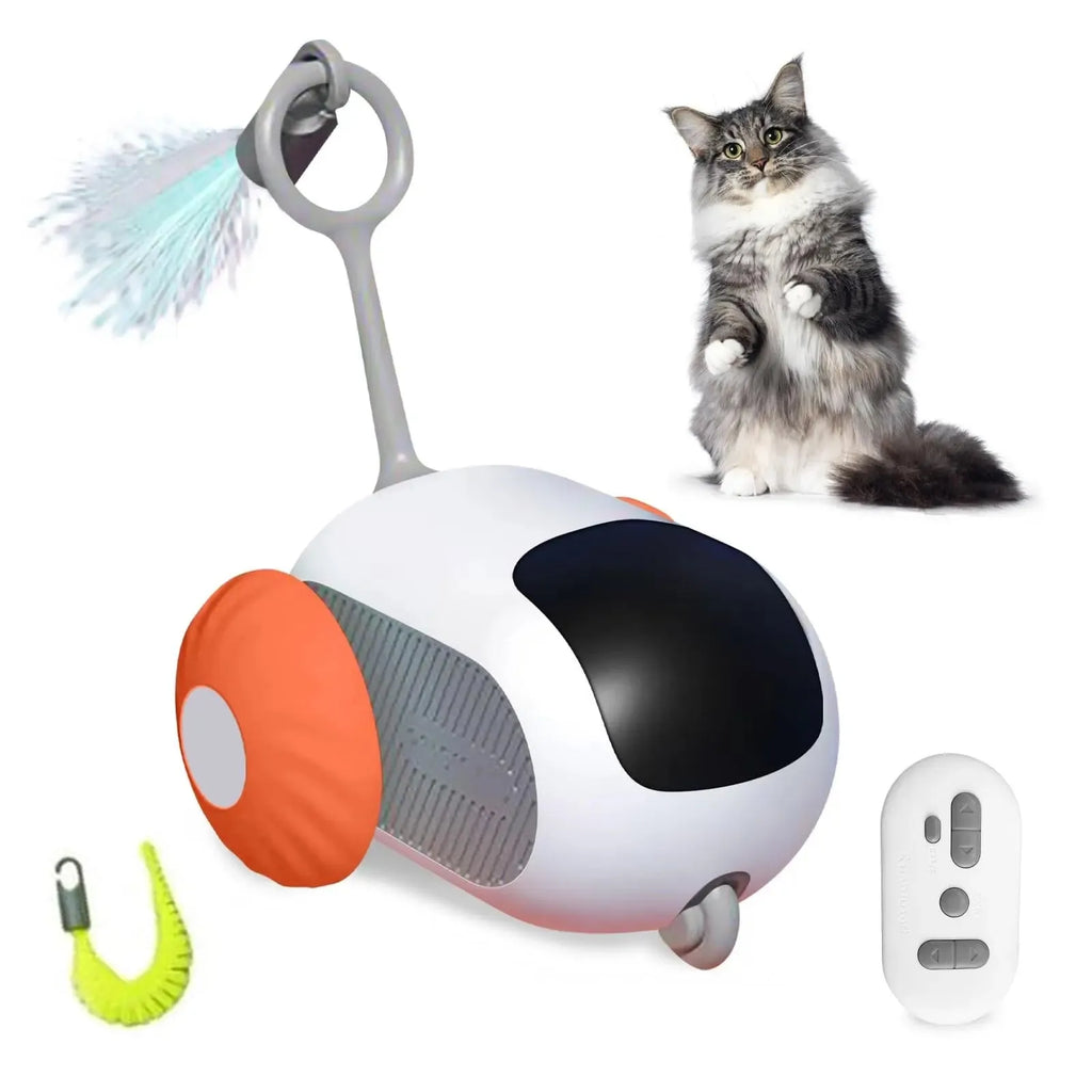 Smart interactive cat toy car with remote control and feather teaser attachment in blue colour