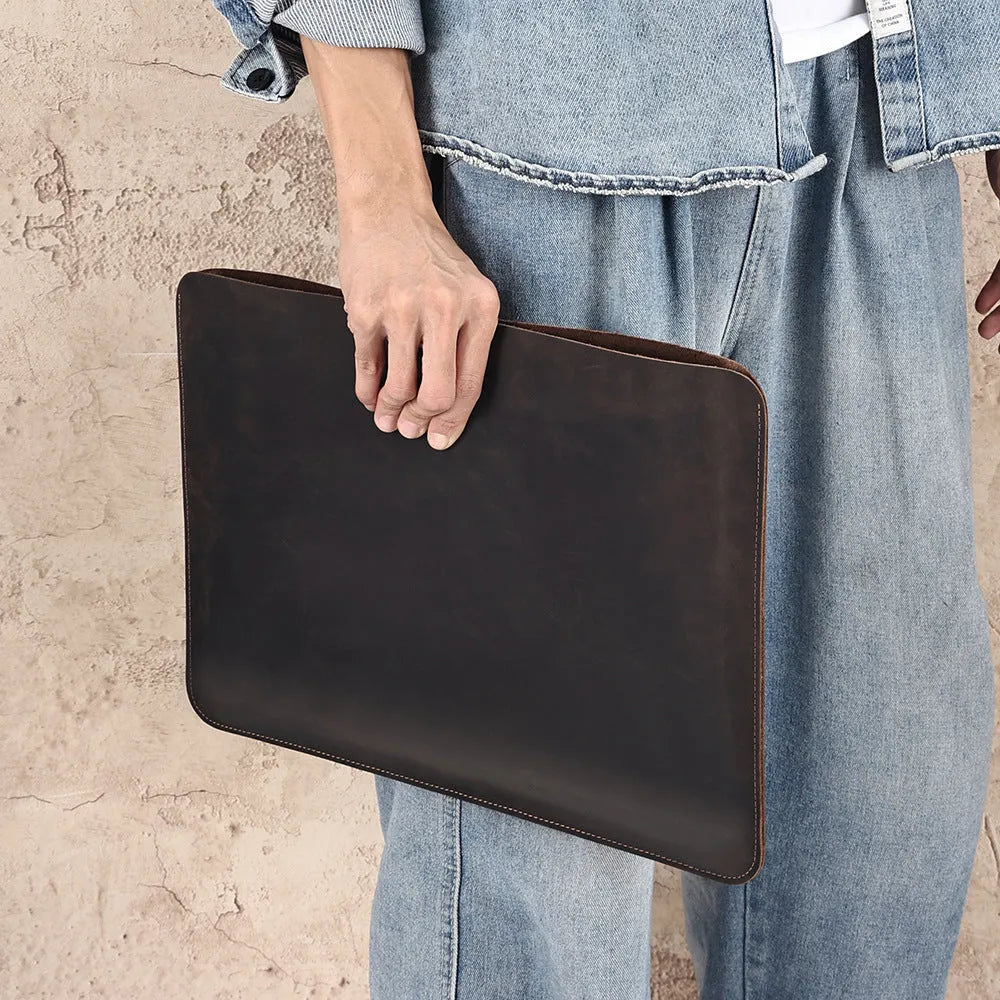 Crazy Horse leather horizontal computer liner bag in genuine cowhide with wear-resistant construction