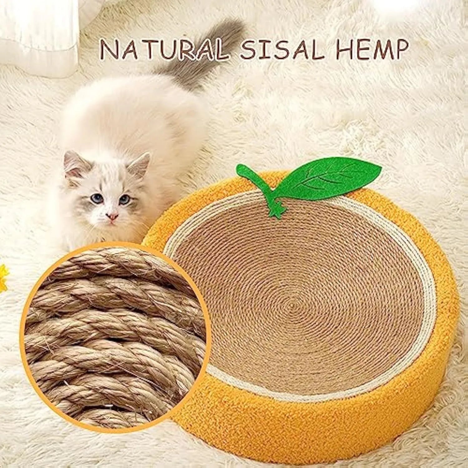 Yellow round cat scratching board with sisal surface and concave bed centre