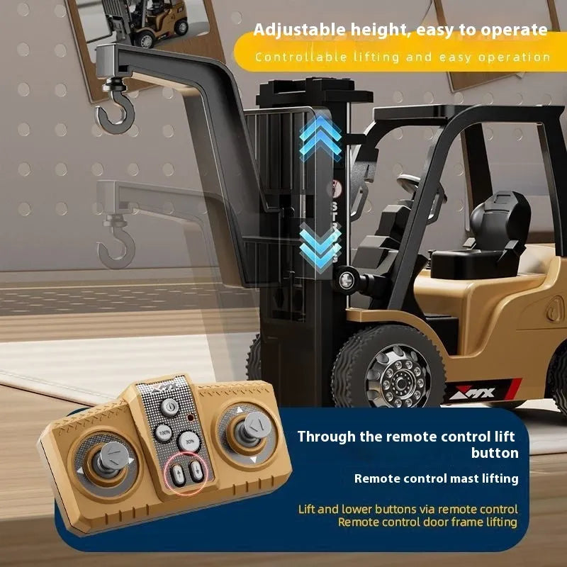 Blue mini alloy forklift remote control toy with cargo accessories on pallet