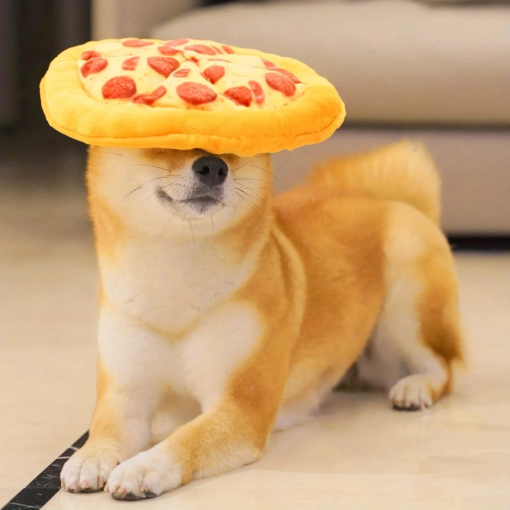 Yellow pizza slice dog chewing toy with squeaker made from teddy fabric