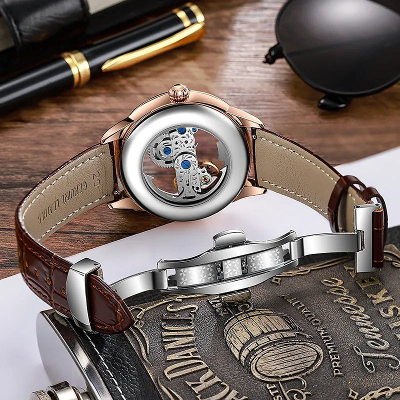 Men's mechanical watch with exhibition case back, onion crown, on a stainless steel or leather strap
