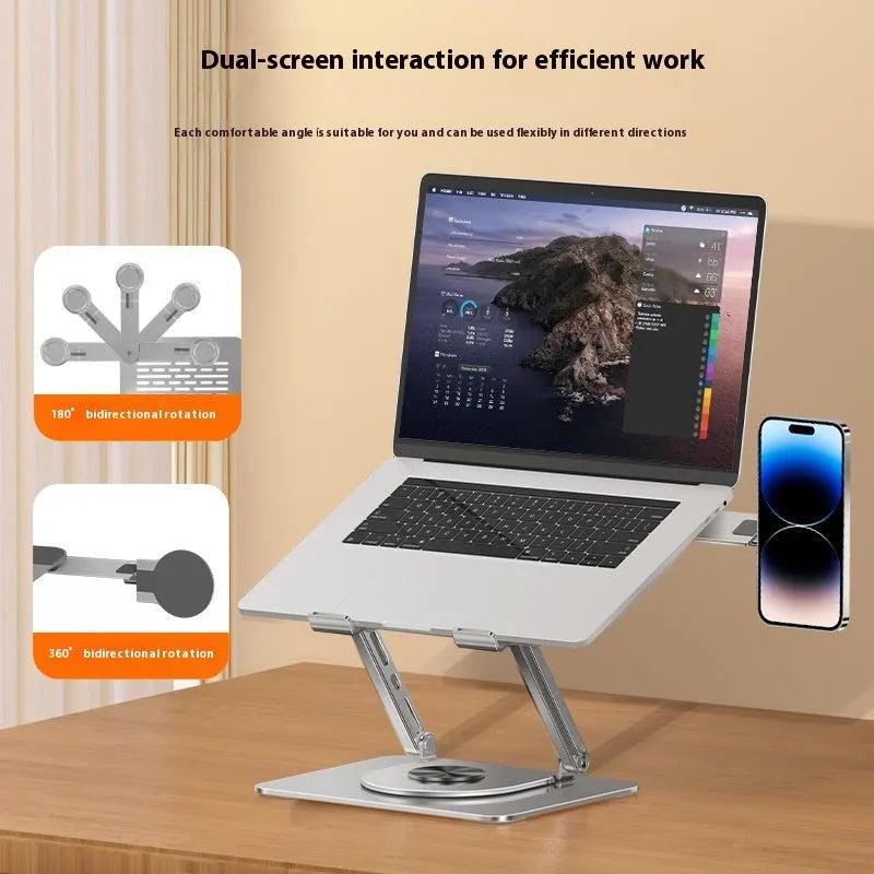 Silver carbon steel laptop stand with 360-degree rotation and side-mounted magnetic phone holder
