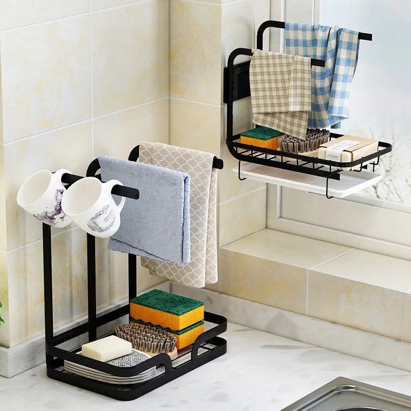 Foldable white plastic kitchen rack for draining cloths in new Chinese style, shown in wall-mounted and table-top use.