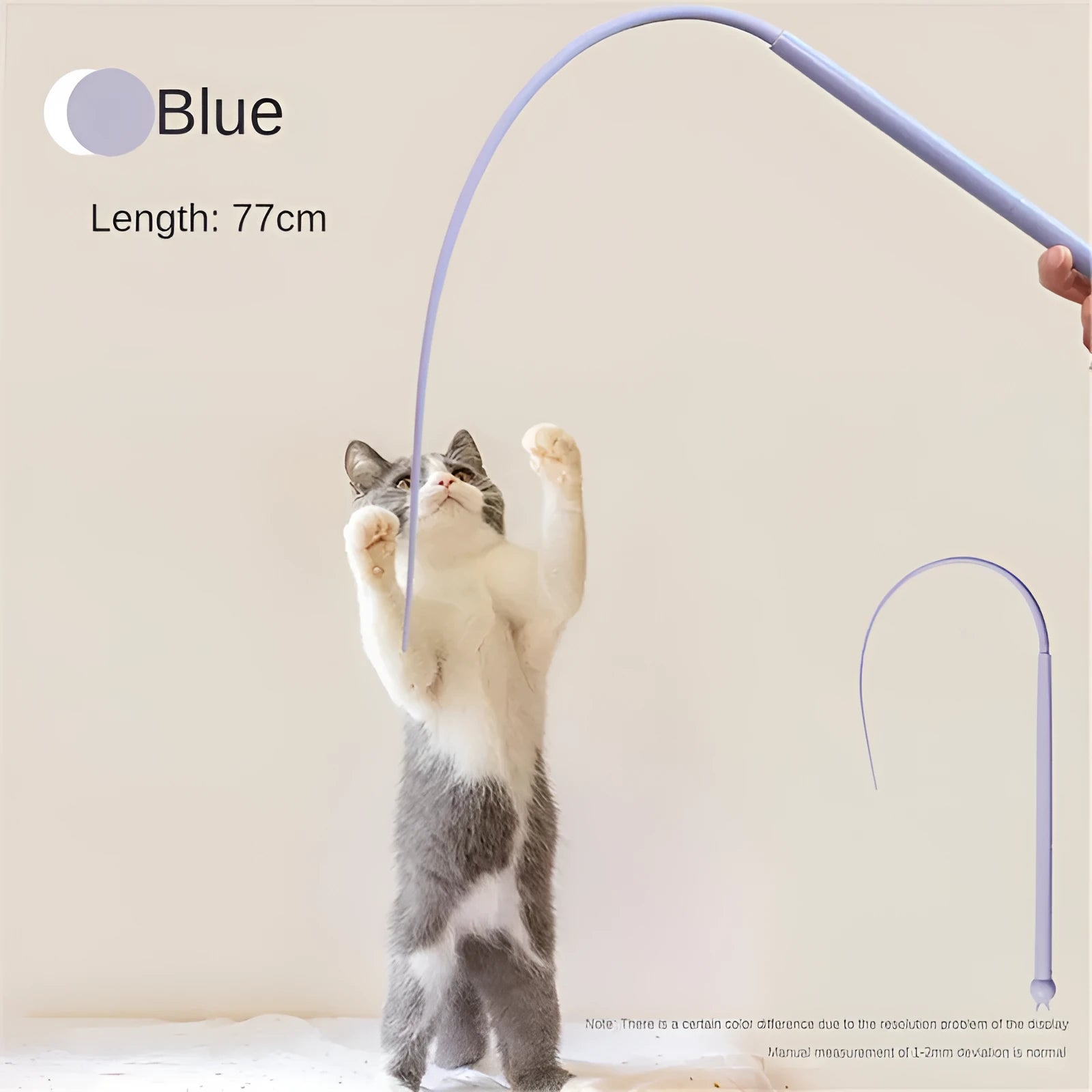 Blue cat teaser wand toy with long silicone mouse tail and cat-shaped handle