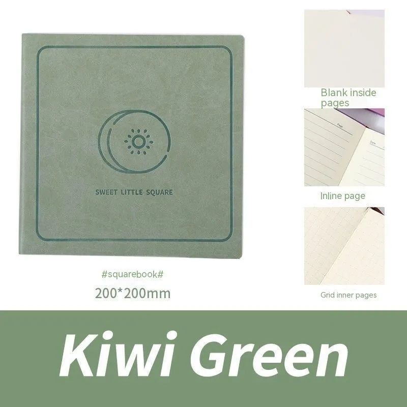 Square notebook with textured faux leather cover showing French fold binding and open blank pages