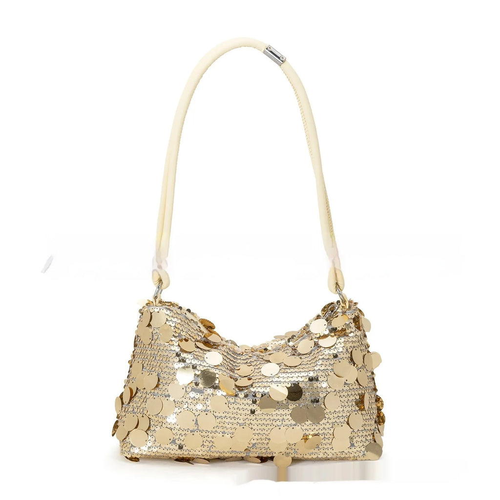 A soft polyester women's underarm crossbody bag in a metallic colour, showing sewing thread detail and a single strap.