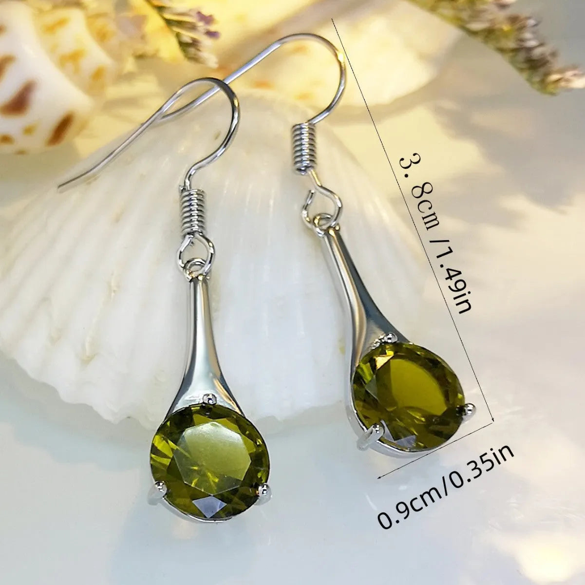 Olive green topaz colour water drop shaped earrings with retro minimalist design