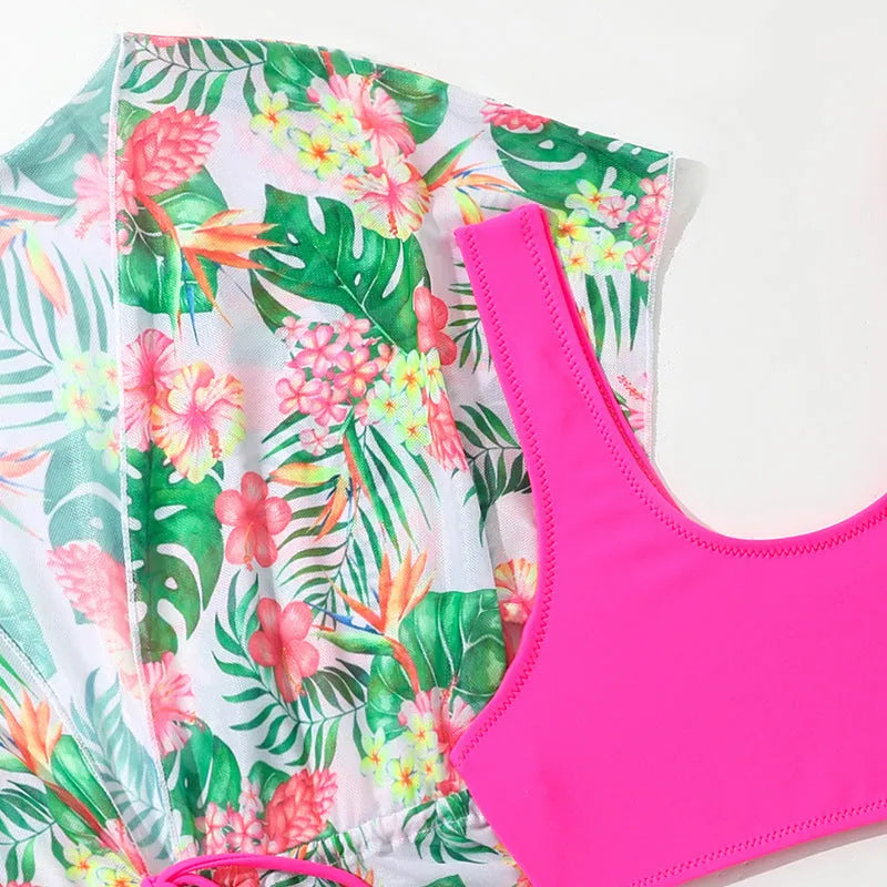 Girls' two-piece floral swimsuit in polyester fabric for swimming