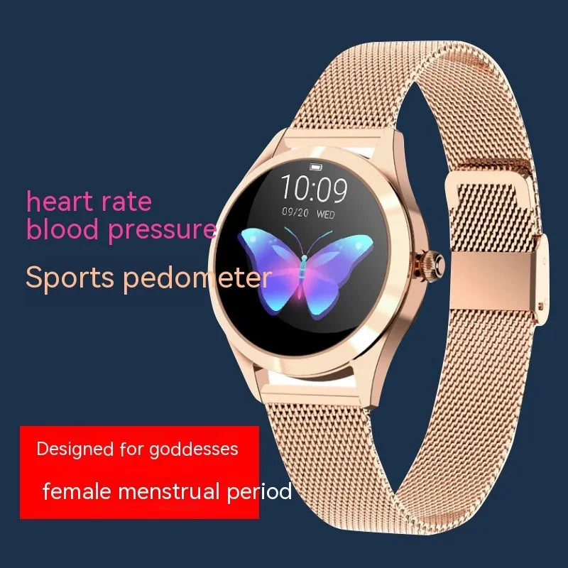 Women's sports smartwatch with heart rate monitor on wrist in rose gold colour