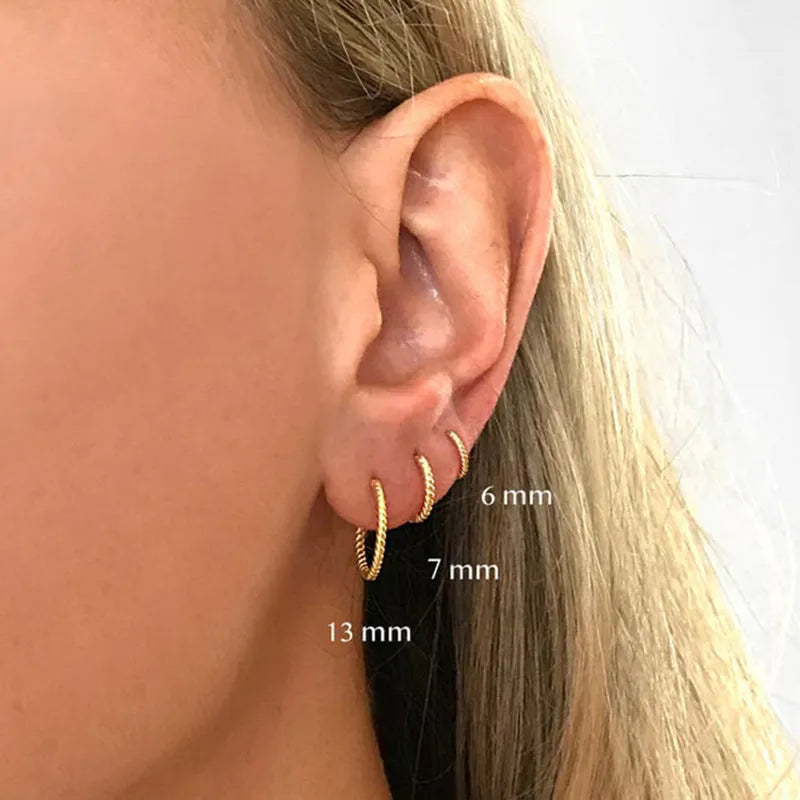 Sterling silver twisted hoop earrings with geometric round shape in gold electroplated finish